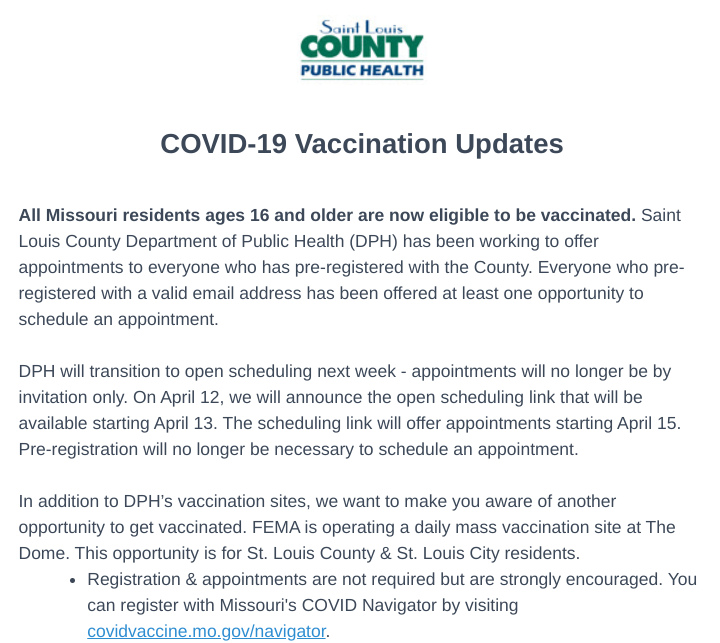 OfsFor's tweet photo. ALL Missourians ages 16 and above eligible to be vaccinated !!  https://t.co/1nOVctwKzL. https://t.co/iIRTbChg9t
