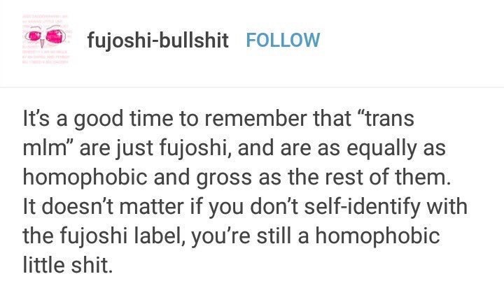I hate to break it to the fujoshi haters out there, but in addition to yall redefining a word from a culture that isn't yours, your talking points--yes, ALL of them--come directly from terfs.Your 'cishet yaoi fangirl who fetishizes mlm' is a trans man. Let's talk about that.