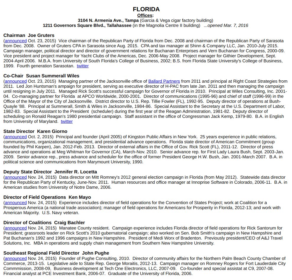 Donald J. Trump for President, Inc. (page updated May 17, 2016)  http://www.p2016.org/trump/trumporg.htmlListed for Florida is Chairman Joe Gruters & Co-Chair Susan Summerall Wiles- Managing partner of the Jacksonville office of  #BallardPartners from 2011 & principal at Right Coast Strategies. /6