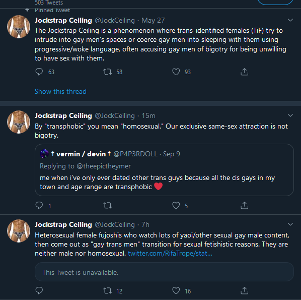 I'm putting this in a separate tweet bc some of the replies to this guy's post are just... hideous. Please read at your own risk. I'm also adding some tweets from another account ran by a gay man-- the 'jockstrap ceiling' is a twist on the 'cotton ceiling' if that wasn't obvious.