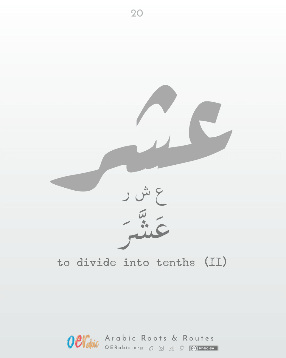 OERabic's tweet photo. Root #20
عشر عَشَّر
to divide into tenths (II)
7 Arabic Roots to learn: Numbers, Numerals & Digits (الأعداد والأرقام)
EVERYDAY LANGUAGE
#ArabicVocabulary #ArabicRootWords https://t.co/iWCxk5MmUR