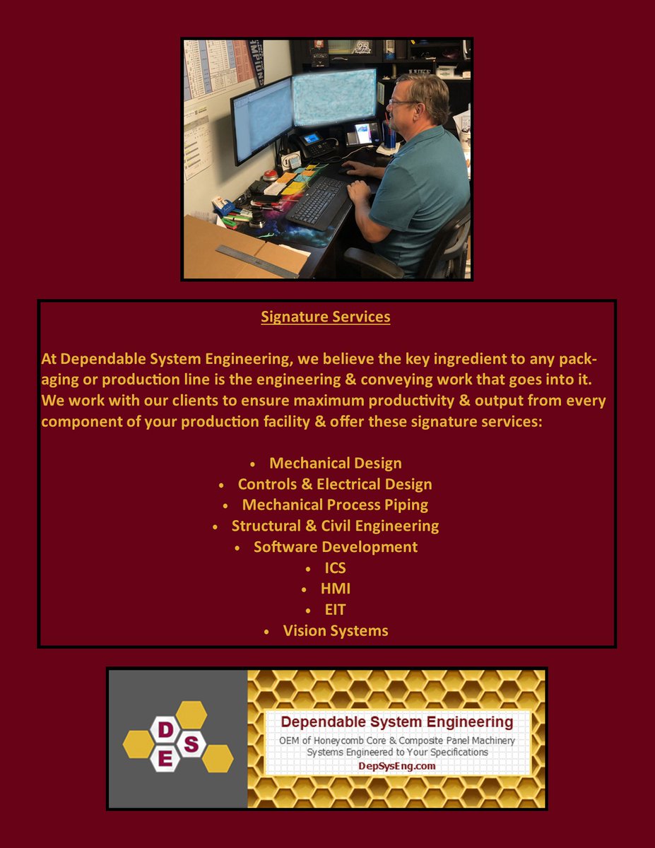 DepSysEng's tweet image. #MechanicalDesign, #ControlSystemsDesign, #ElectricaEngineer, #StructuralEngineering, #CivilEngineeringDesign, #SoftwareDevelopment, #IndustrialControlSystems, #HumanMachineInterface, #VisionSystems, #Consulting, #DependableSystemEngineering, #DepSysEng, #OEM, #HoneycombCorePanel