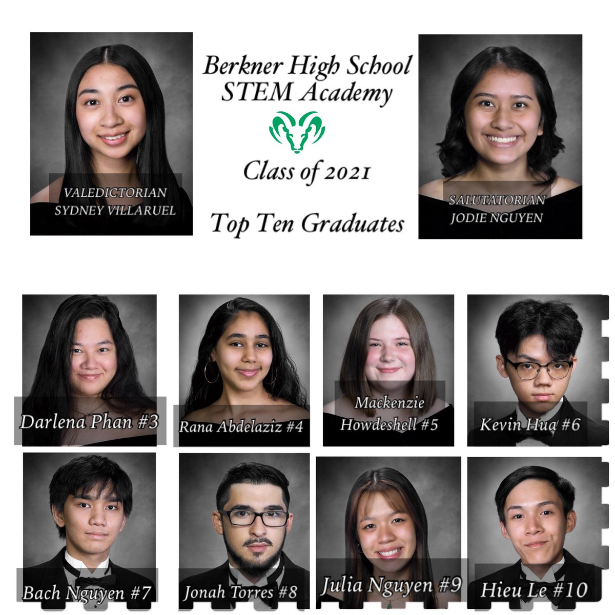 Congratulations to Berkner High School STEM Academy’s  Top Ten Graduates of the Class of 2021!! 💚🐏🎉 <a href="/bhsstem/">Berkner High School STEM Academy</a> @kacage
