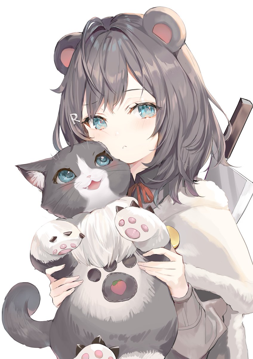1girl animal ears holding animal white background cat looking at viewer holding  illustration images