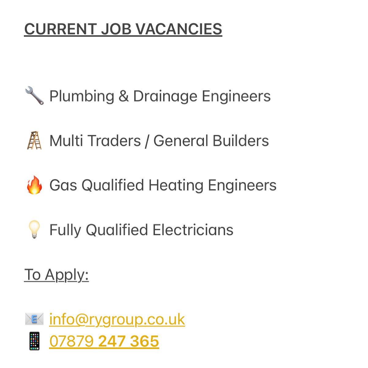 🔊🔊 Please Share 🔊🔊

#JobVacancies #Ry #Plumbers #Electricians #DrainageEngineers #HeatingEngineers #GasEngineers #Multitraders #Builders #Carpenters #Painters #Decorators 🧡🚚