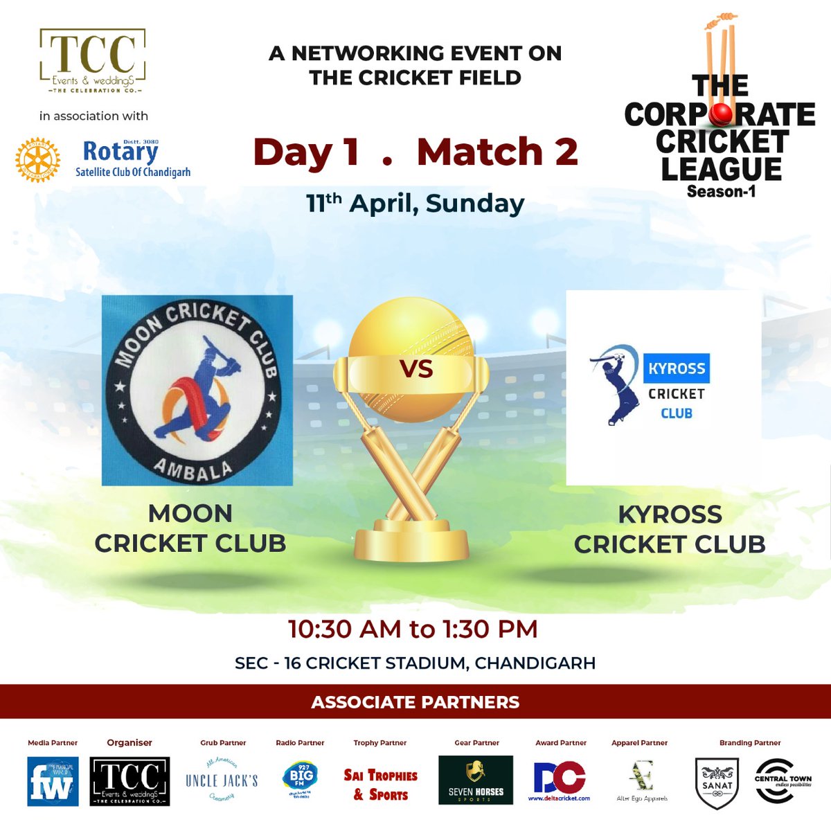 CelebrationChd's tweet photo. The Corporate Cricket League is here!! An immense battles begins among

HARMUKH CRICKET CLUB 🆚 ROYAL CRICKET CLUB
MOON CRICKET CLUB 🆚 KYROSS CRICKET CLUB
PMK XI 🆚 THE DOCTORS ELEVEN

🗓️11th April, Sunday
At Sec-16, Cricket Stadium, Chandigarh.

#CricketainmentShuru #Cricket https://t.co/KSp8e5oyl8