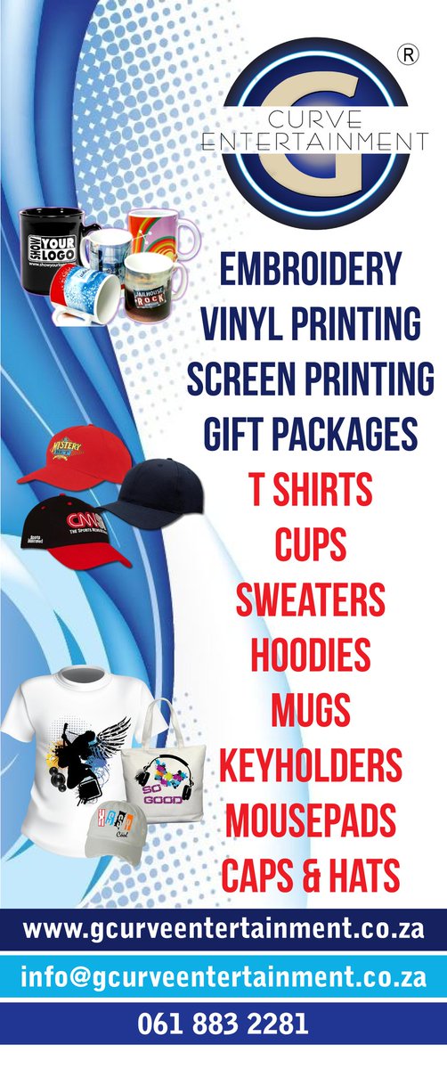 g_curve's tweet photo. #DJSBU for all your Embroidery/Screen Printing/Vinyl Printing contact us https://t.co/BzFJ6QV3lj 0618832281 what'sApp/call Email info@gcurveentertainment.co.za https://t.co/vFdGgl1Ddw