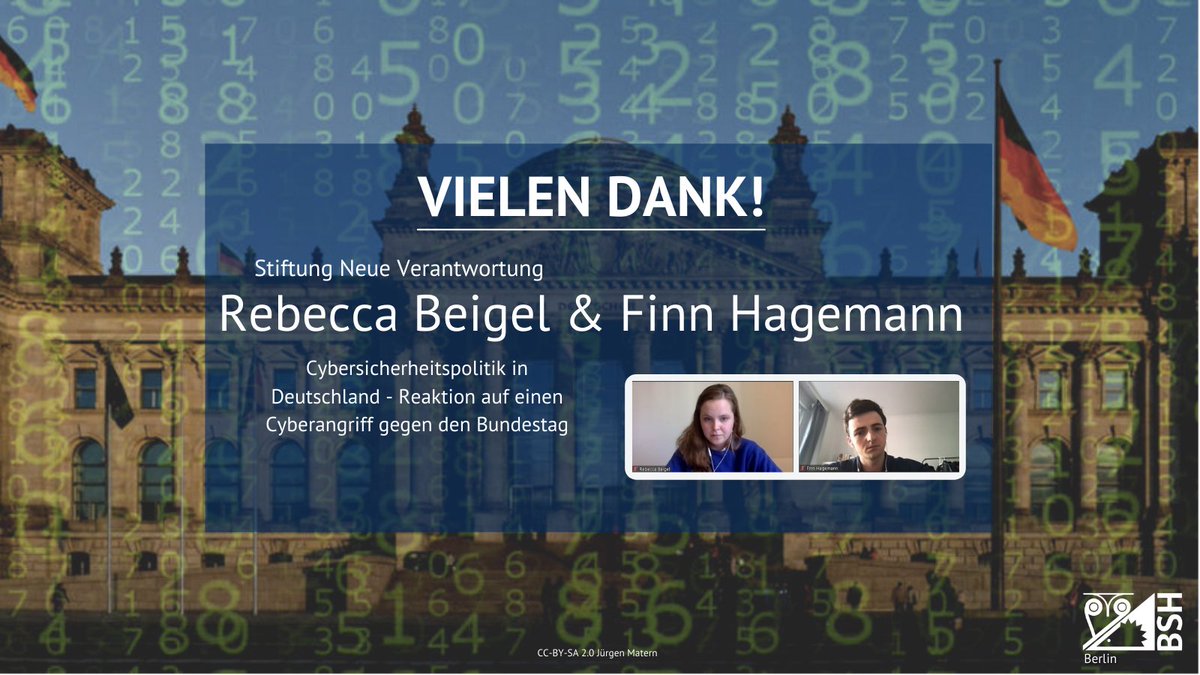 bsh_berlin's tweet photo. Vielen Dank an Rebecca Beigel und Finn Hagemann von der @snv_berlin für einen tollen #Online-Workshop und den Einblick wie die Detektion und Reaktion auf einen #Cyberangriff auf den Bundestag aussehen könnte 💻

#Sicherheitspolitik #Berlin https://t.co/IdVBPY48ZL