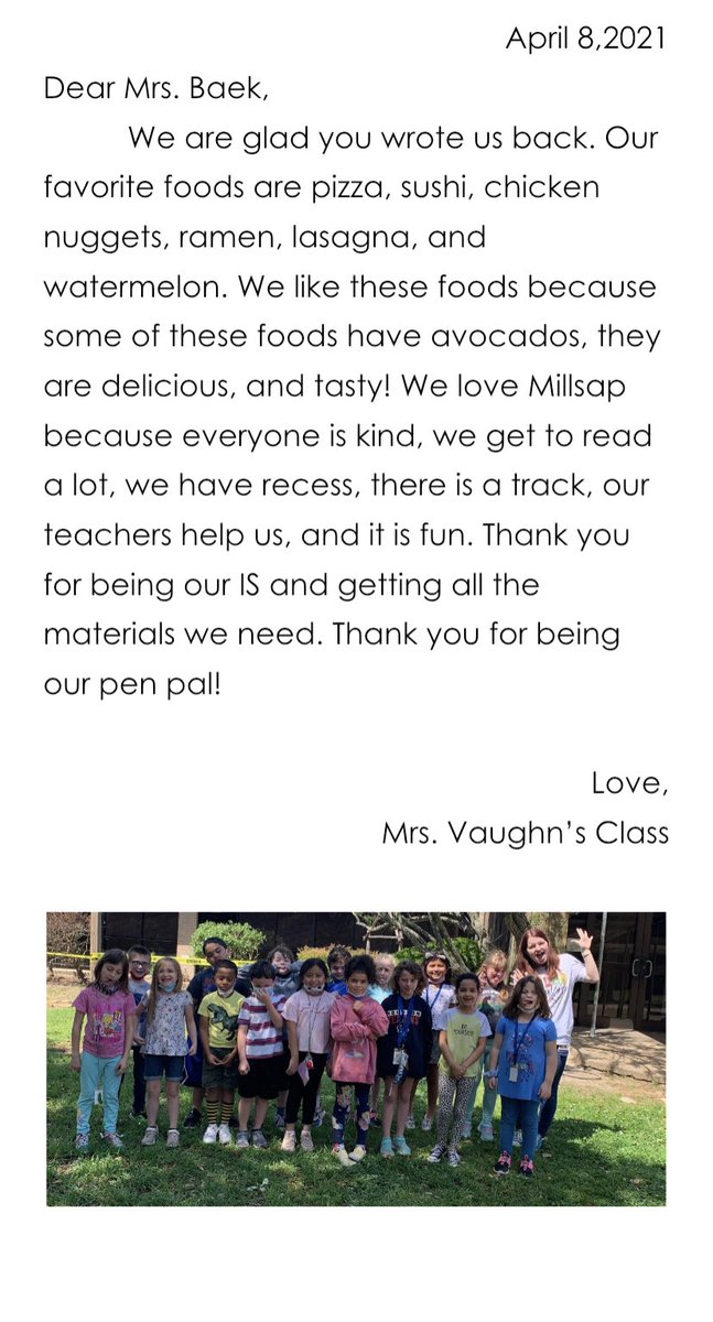 JenniferBaek3's tweet image. Love being a penpal to 2nd grade! Letter writing, relationship building, laughter, and fun! Love it that our teachers find fun ways to engage our students in learning, making it real and relevant. #2ndToNone #ItsWhatMustangsDo
@cyfairMillsap @Rachel_Vaughn11 @CFISD_ELAR2_5