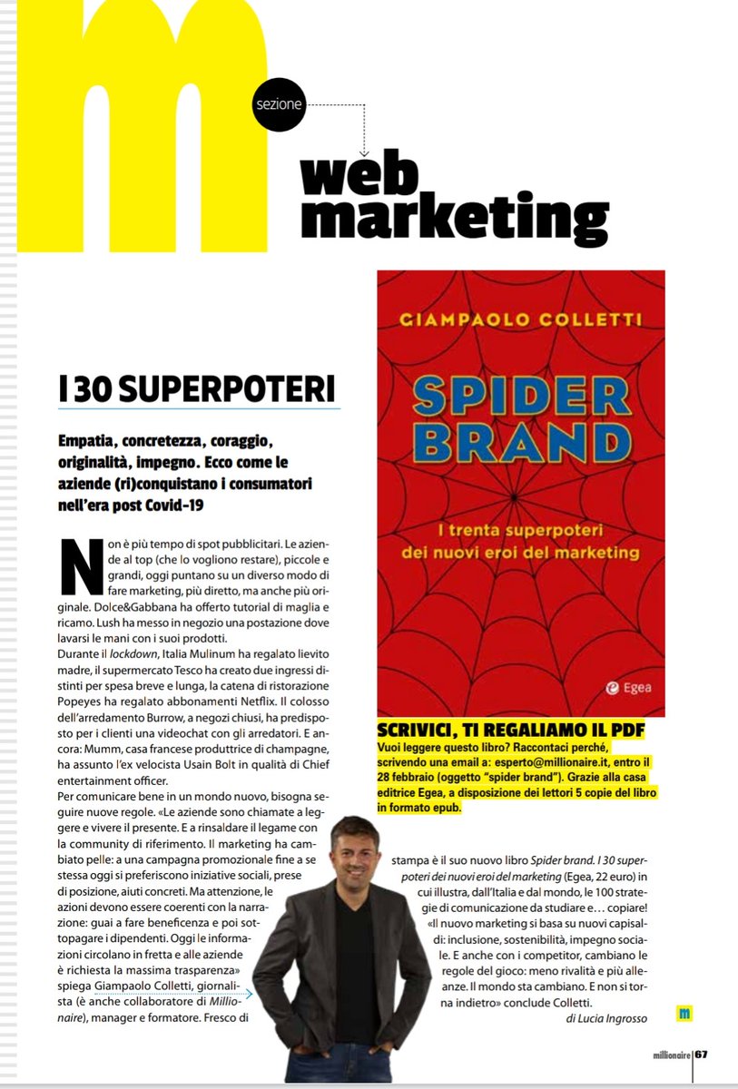 gpcolletti's tweet photo. In questo tempo fragile abbiamo tanto bisogno di supereroi. Gli amici di Millionaire mi hanno intervistato sul mio nuovo libro #SpiderBrand grazie @millionaireit @LuciaTildeI @SonoLaChioda @egeaonline https://t.co/o8FXtswv8a