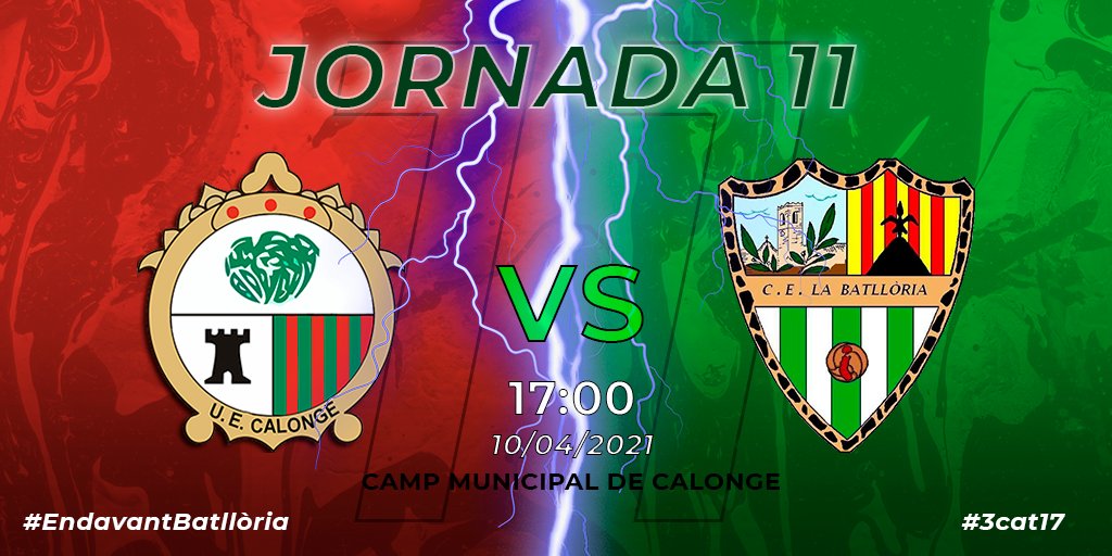🚨1r EQUIP | PROPER PARTIT🚨

Tornem a jugar fora de casa, aquest cop davant del 2n classificat!💥 La darrera victòria aconseguida en el derbi ens dona impuls per afrontar aquest nou repte!

🆚️ <a href="/ue_calonge/">UE Calonge</a>
🗓 10/04
🕔 17:00
⚽️ J.11
🏟 Mpal. Calonge

#EndavantBatllòria #3cat17
