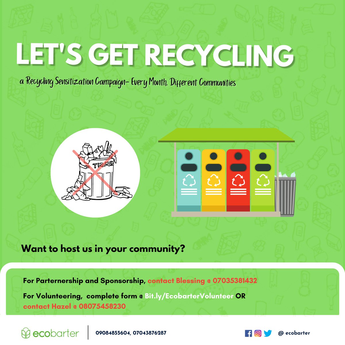 EcoBarter's tweet photo. Let's Get Recycling!
Starting from May 2021, we will be carrying out a Recycling Sensitization Campaign- Every month, different communities!
Read more about this 👇 to see how you can join us (sponsorship, partnership or volunteering)
https://t.co/W2uJ5Ejs3i https://t.co/qf93esD67S