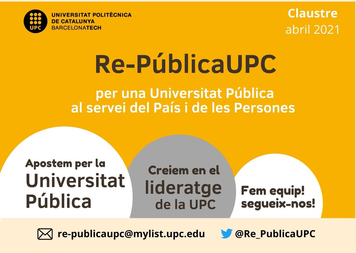 Som <a href="/Re_PublicaUPC/">Re_PublicaUPC</a>, candidatura al #claustreUPC, per una Universitat Pública al servei del País i de les Persones.