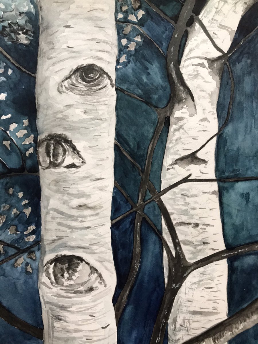 Watercolour. Inspired by The Lost Spells.

“In the night the birches watch you with their black, unblinking eyes”

@JackieMorrisArt 
@RobGMacfarlane 
#UrbanNatureProject