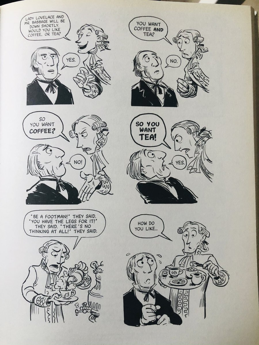 whereismydosa's tweet photo. Giggling way too much at this page from The Thrilling Adventures of Lovelace and Babbage by @sydneypadua 
The dude on the left is George Boole, inventor of Boolean Algebra 😂😂 https://t.co/JgU8w3eEot