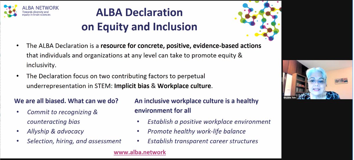 network_alba's tweet photo. Happening now! Prof @shubhatole, ALBA Advisor, is presenting the ALBA Network and the #ALBADeclaration on #Equity &amp; #Inclusion at the panel discussion in #bias in Indian #STEM at the @neurofemindia21 conference. https://t.co/bV06BDRYZG
