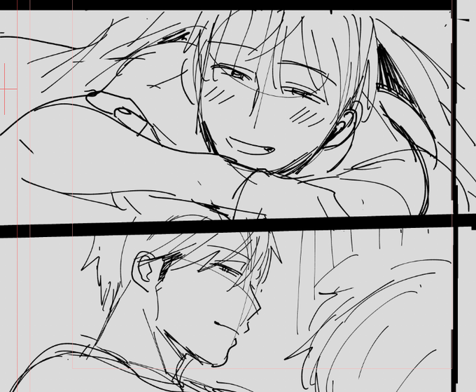 ネームで完全にボツになったのでシーン丸ごとなくなったページだけどこのコマの名取の表情すごく可愛く描けたので供養。でもネームでいい感じの表情はペン入れると大体元のネームの絵に勝てない…😭 