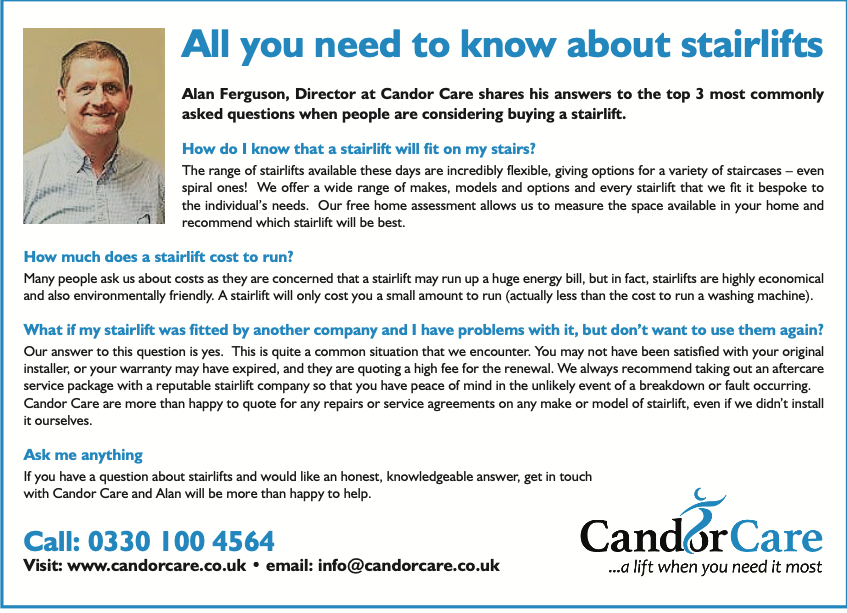 Stairlifts can lift spirits &amp; raise independence, but what should you consider before purchase? Alan Ferguson, Director at Candor Care, shares his answers to the top 3 most commonly asked questions when considering buying a stairlift.