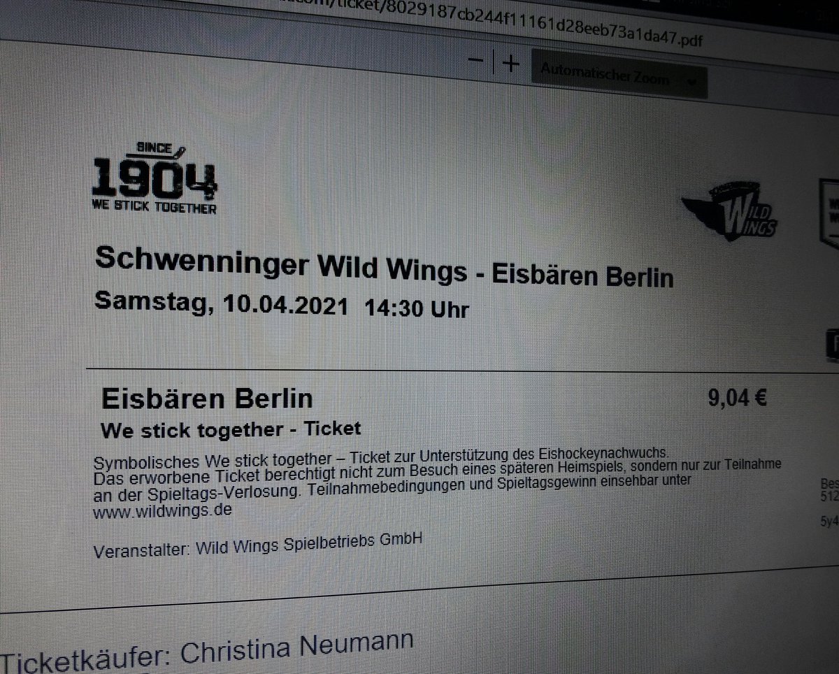 ChristinaNeuma1's tweet photo. Schnell noch Ticket gekauft für's heutige Spiel 😍 🏒#SWWvsEBB #webattletogether #westicktogether #ticketsforthefuture #swwebb #fanduell #nachwuchsunterstützen @ebjuniors @Eisbaeren_B @SERCWildWings https://t.co/tT1OEsbI7b