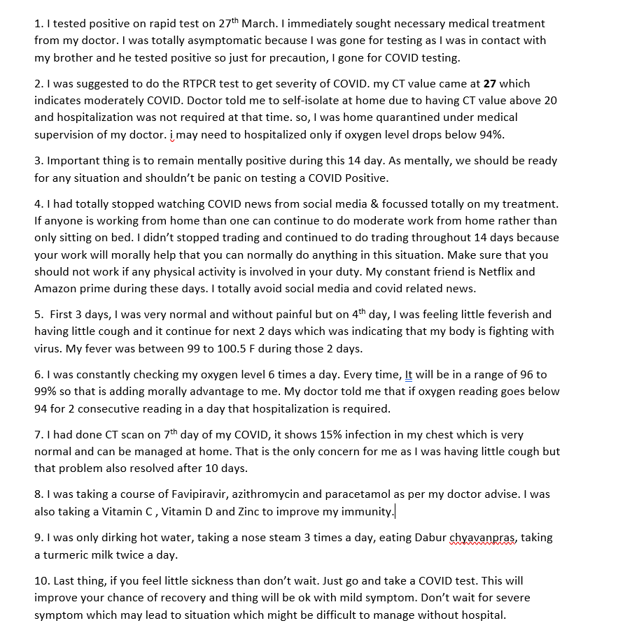 Finally, I win battle of Covid after struggling for 14 days. Tested negative today. 
Now, felling little bit weakness. fully recovery may take 2 week.
Here is my journey for fighting with COVID which may help someone. Please do retweet so it can reach to maximum people.🙏🙏🙏