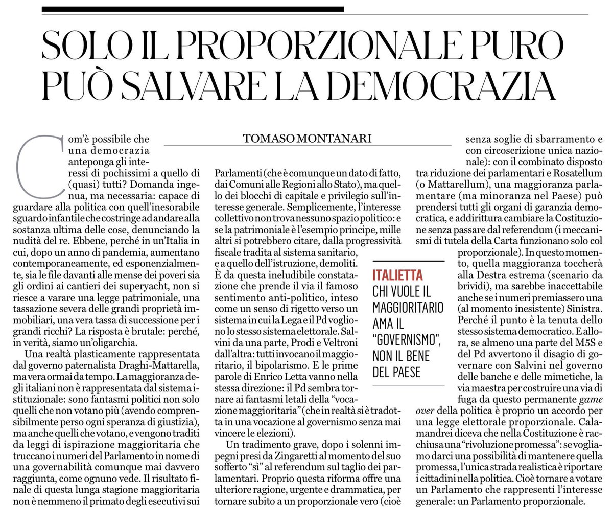 Concordo sulla #LeggeElettorale #proporzionale,ma con una soglia di sbarramento al 5% e un premio di “stabilità”,che consenta al partito che ottiene più voti di governare senza compromessi a ribasso con altri partitelli.
Distinzione netta tra maggioranza e minoranza
#NoMinestroni