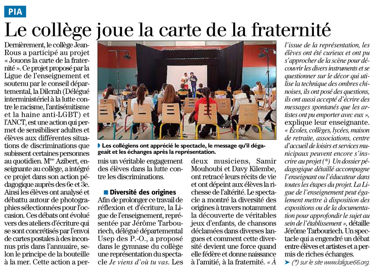 Mise en lumière dans la presse ce matin du projet #jouonslacarte. Bravo à notre service culturel🎭👍 qui a offert une belle et pertinente plus-value à l'action soutenue par <a href="/DILCRAH/">DILCRAH</a> <a href="/leDepartement66/">Département des Pyrénées-Orientales</a> <a href="/ANCTerritoires/">Agence nationale de la cohésion des territoires</a> <a href="/Prefet66/">Préfet des Pyrénées-Orientales</a> 🙏
<a href="/dsden66/">DSDEN des Pyrénées-Orientales</a> @weblaligue