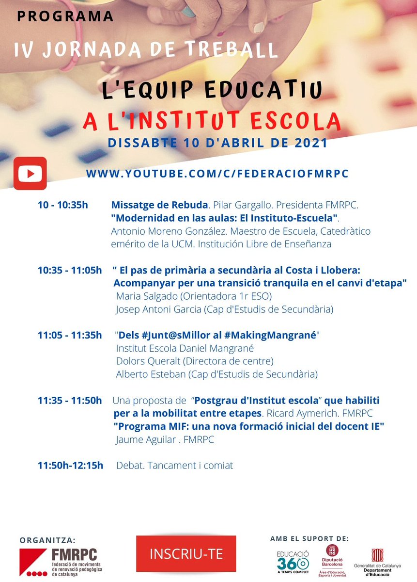 📌 Avui a les 10h iniciem la IV Jornada d'institut Escola de la <a href="/FMRPc/">FMRPedagògica</a> 

👉 Vols seguir-la en directe? Clica aquí
youtu.be/aX9VFJTQjmop

📣 Parlarem de l'equip educatiu en l'IE

✍️ T'hi esperem! 
#IE_MRP