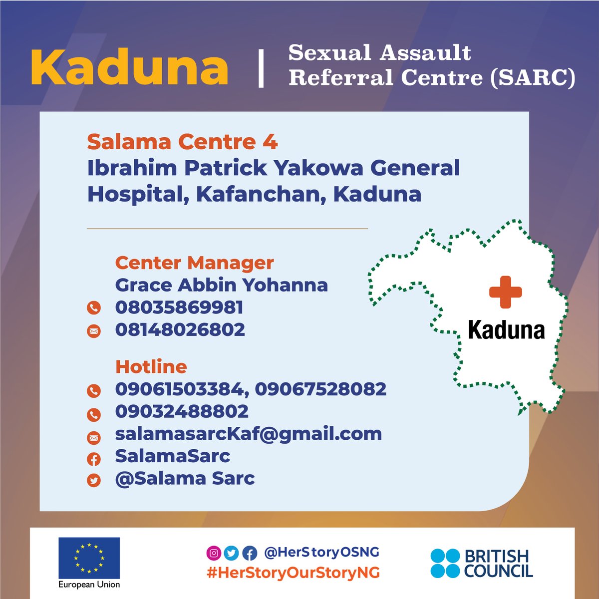 Are you in Kaduna? 

A Sexual Assault Referral Centre (SARC) may be closer to your location than you think, where any survivor can receive confidential medical, counselling and justice support services in a safe space.