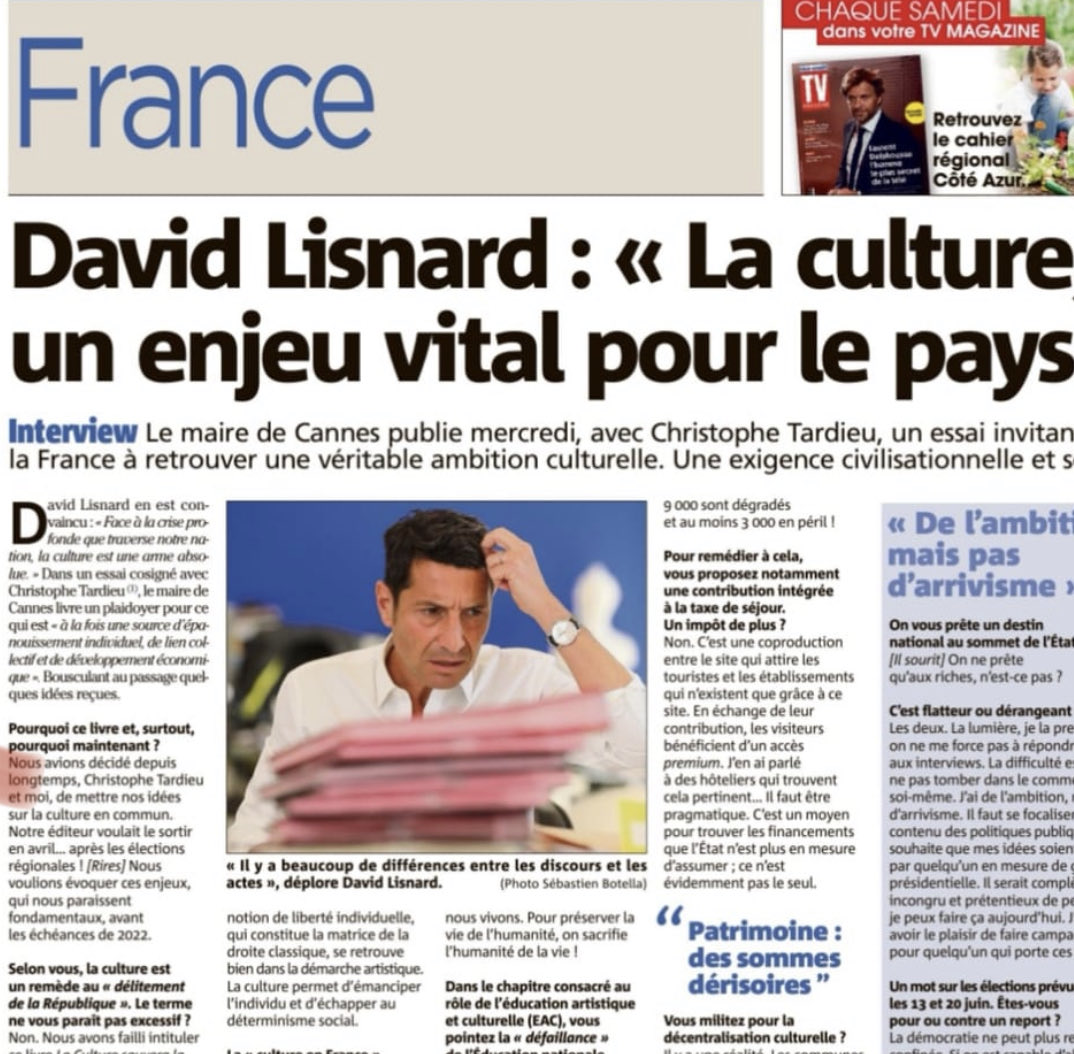 @davidlisnard⁩ à retrouver dans ⁦@Nice_Matin⁩ « La Culture nous sauvera » co-écrit avec #ChristopheTardieu ⁦@EdLObservatoire⁩