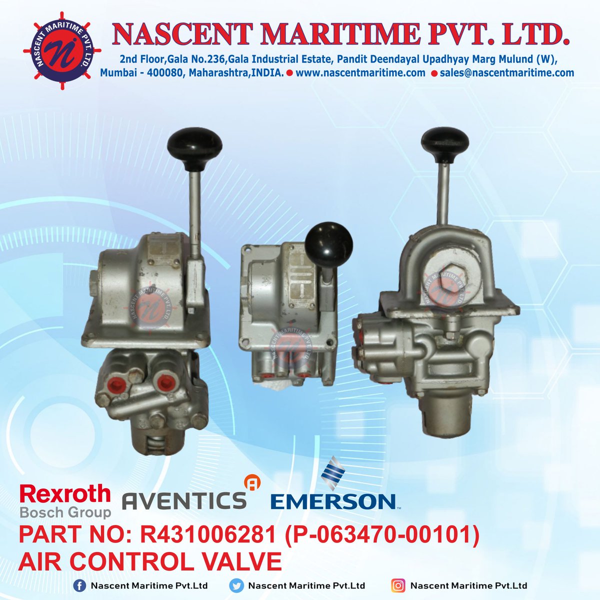 nascentmaritime's tweet photo. MAKER:-REXROTH AVENTICS EMERSON
AIR CONTROL VALVE
PART NO:-R431006281 (P-063470-00101)

WEBSITE:- https://t.co/0aKtPXPZqm
For any inquiry do connect to us at sales@nascentmaritime.com

#nascentmaritime #nascent #maritime #nascentmaritimepvtltd #nmpl #shipping #filters #detectors https://t.co/Beo8K3tQkd