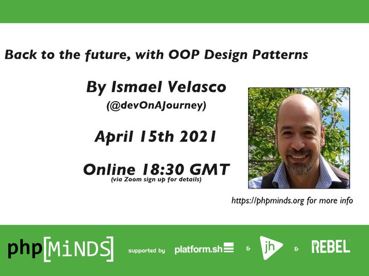 PHPMinds's tweet photo. join us online 15th April for a talk about #patterns in Software development #phpc by @DevOnAJourney see https://t.co/20CZNQKlzh for details and sign up https://t.co/AebxEisHvj