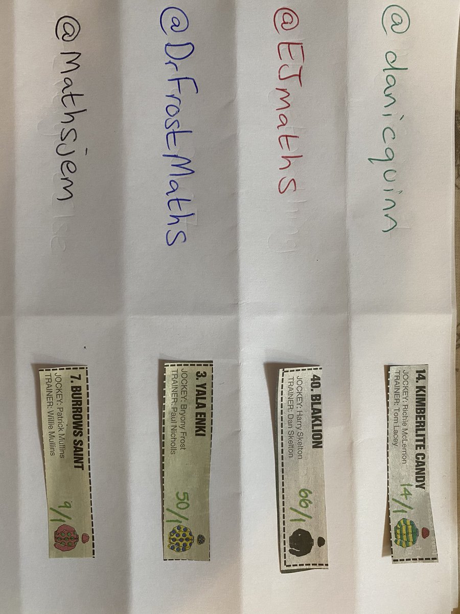RJS2212's tweet image. Horses for 2021 #mathssweepstake #GrandNational2021 @danicquinn @EJmaths @DrFrostMaths @mathsjem