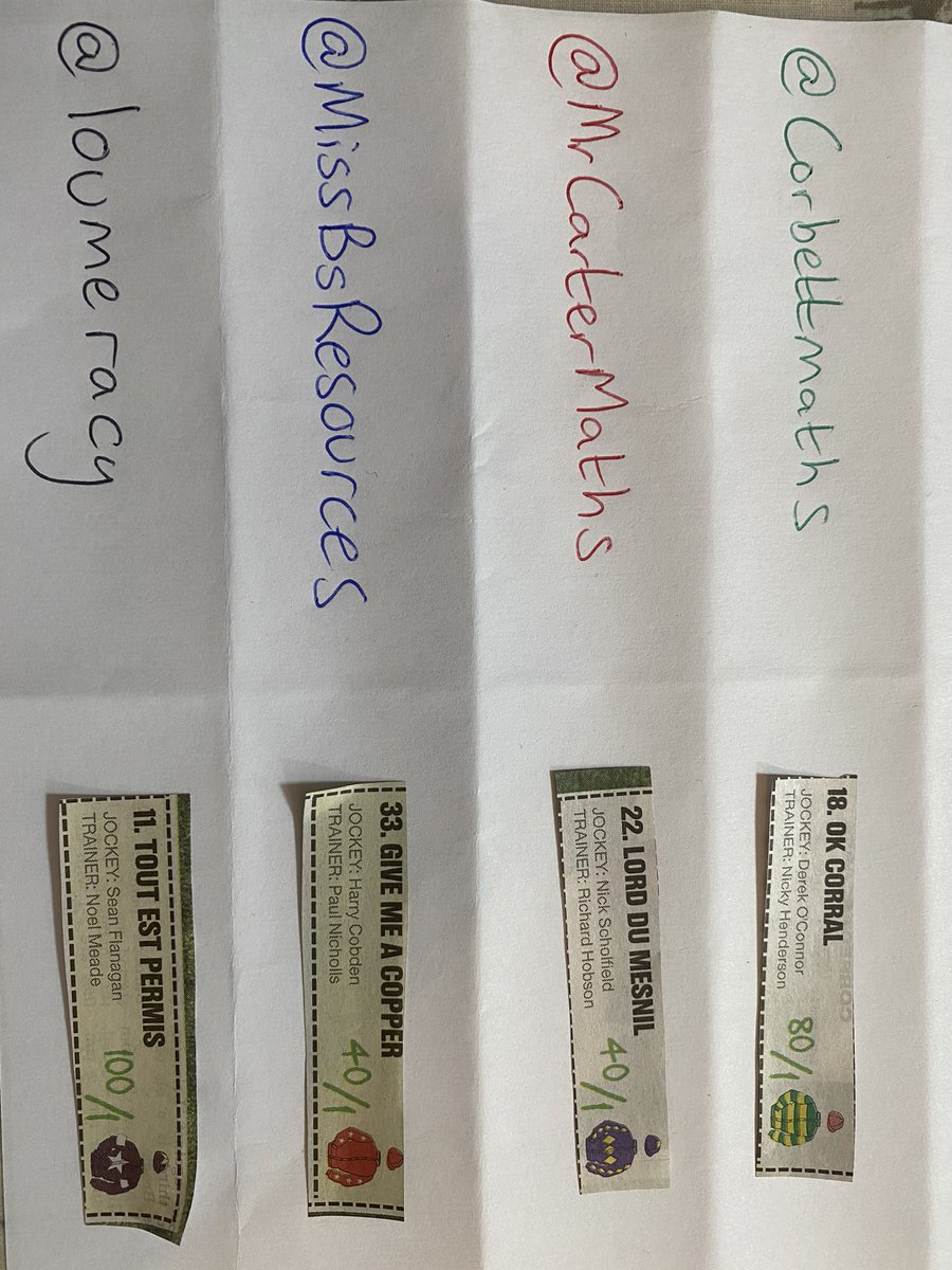 RJS2212's tweet image. Horses for 2021 #mathssweepstake #GrandNational2021 @Corbettmaths @MrCarterMaths @MissBsResources @Loumeracy