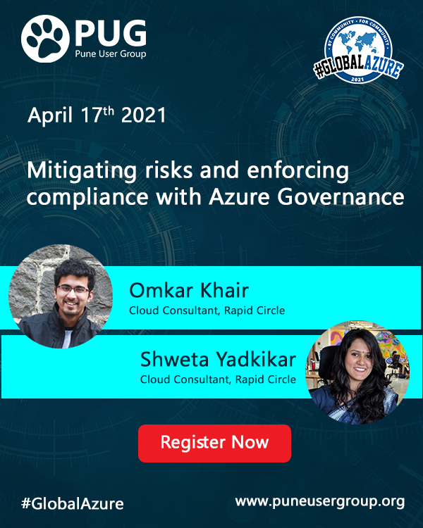 Creating a Cloud Strategy for your organization?  Join us in discussion with <a href="/omtalk/">Omkar Khair</a> and <a href="/tweetshweets/">Shweta</a> to find out how Azure can help minimize risks and enforce  organization wide compliance. Register for #GlobalAzure Bootcamp #Pune

meetup.com/puneusergroup/…