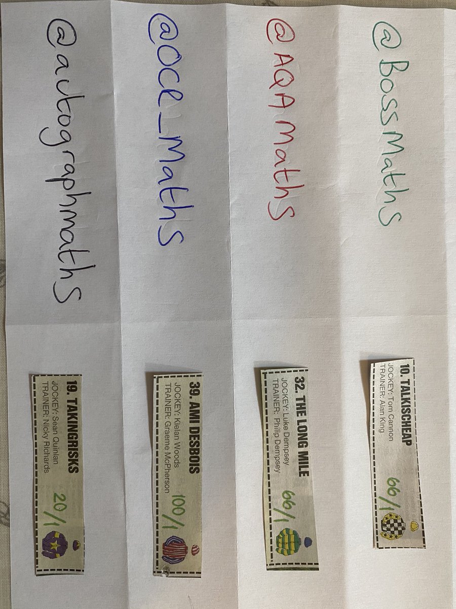 RJS2212's tweet image. Horses for 2021 #mathssweepstake #GrandNational2021 @boss_maths @AQAMaths @OCR_Maths @autographmaths