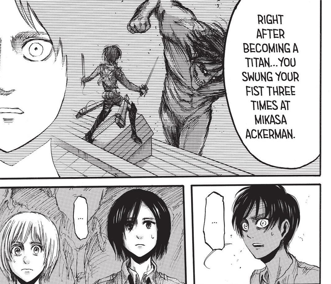 as eren’s fate is being decided in court, him attacking mikasa is brought up and he is evidently shocked/disturbed upon learning this. he had remained collected until it was suggested that mikasa be dissected. he is vehemently defensive on her behalf, which leads to his speech +
