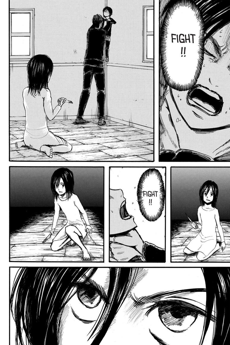directly before eren’s titan is introduced, we see mikasa remembering eren and how he had encouraged her to fight (eren’s words to mikasa continue to echo throughout the story as well). this scene also showed mikasa’s capability of moving on with life after he dies
