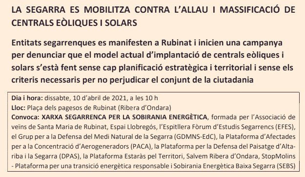 PLPonent's tweet photo. Tot el suport a la gent de la Segarra que avui es mobilitza a #Rubinat contra l’allau d’aerogeneradors a la comarca. Prou a la massificació eòlica! 

💡🔌 Per un model energètic públic, sostenible i territorialment equilibrat: moratòria de nous parc eòlics ja! https://t.co/mxXl8vaHmE