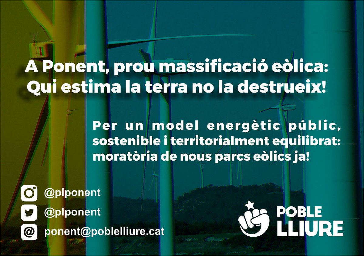 PLPonent's tweet photo. Tot el suport a la gent de la Segarra que avui es mobilitza a #Rubinat contra l’allau d’aerogeneradors a la comarca. Prou a la massificació eòlica! 

💡🔌 Per un model energètic públic, sostenible i territorialment equilibrat: moratòria de nous parc eòlics ja! https://t.co/mxXl8vaHmE