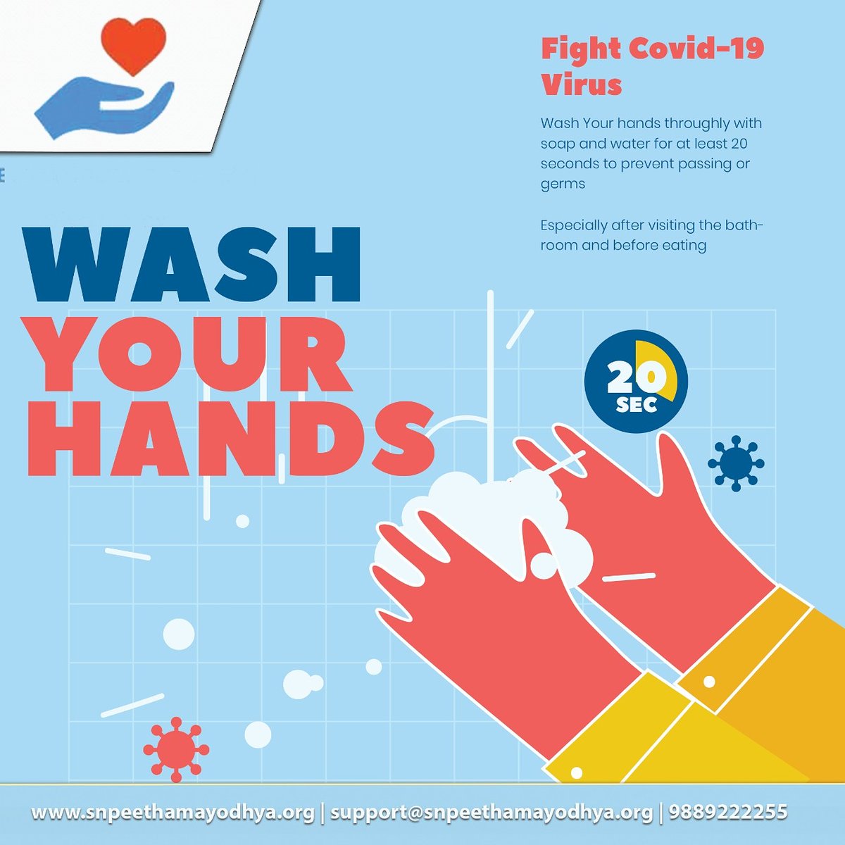 AyodhyaSn's tweet photo. Handwashing is one of the best way to prevent the spread of covid-19. It must be done properly so wash your hands throughly with soap and water.
#washyourhands
#maintainhygiene
#snpeetham #socialhelp #donate #poor #needy #seva #spreadpositivity #spreadlove #happiness #ayodhya https://t.co/XiE25FCige