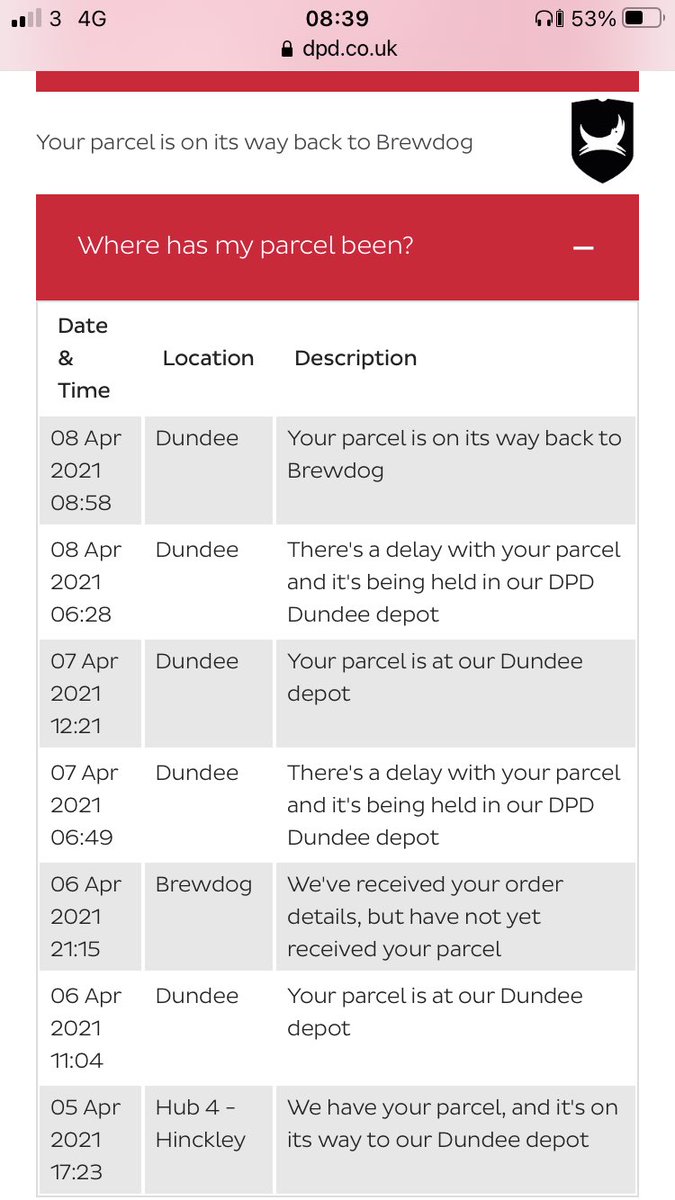 theangrytoe's tweet photo. Thanks @dpd_support I’ve been waiting for this @BrewDog delivery specifically for today’s agm but apparently it’s been sent back to them with no explanation https://t.co/WpCcGLuw1y