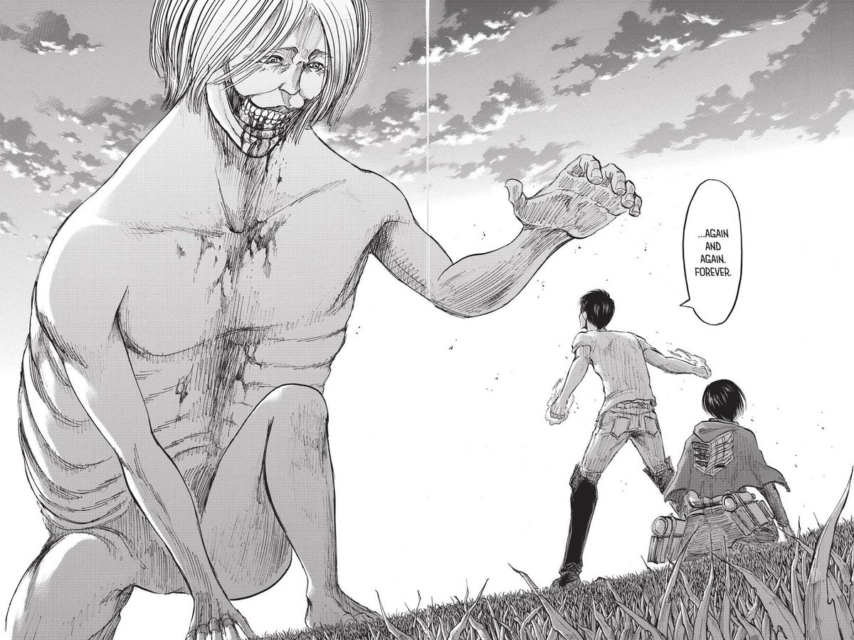 in ch50, eren has a huge breakdown and begins to criticize/loathe himself. mikasa’s words snap him out of that state, and he punches dina’s hand to protect mikasa. it’s in that moment that we learn of eren’s hidden power and that he is the coordinate. this moment also plays +