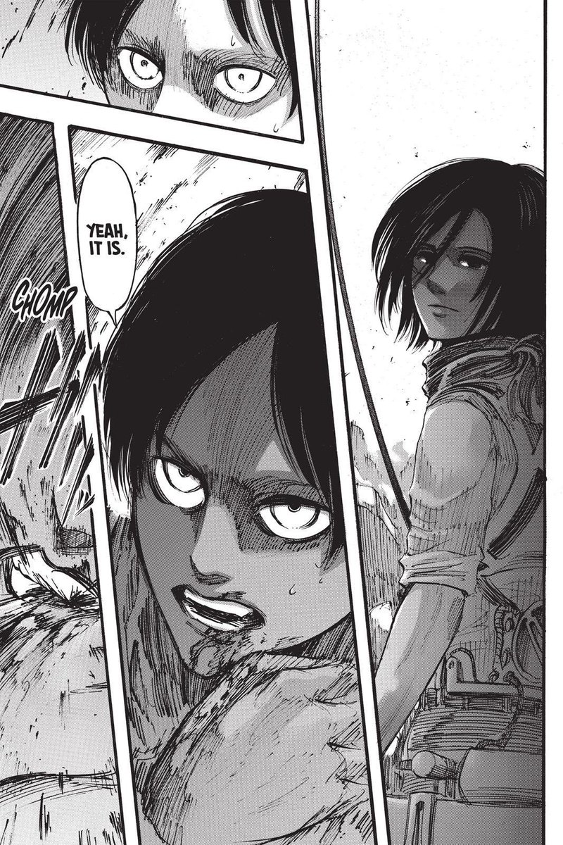 when eren cannot transform and fight annie because of his confliction, mikasa’s words about the world being cruel helps him become determined/focused on what needs to be done, and he is able to transform. this is not the only instance where she strengthens his resolve