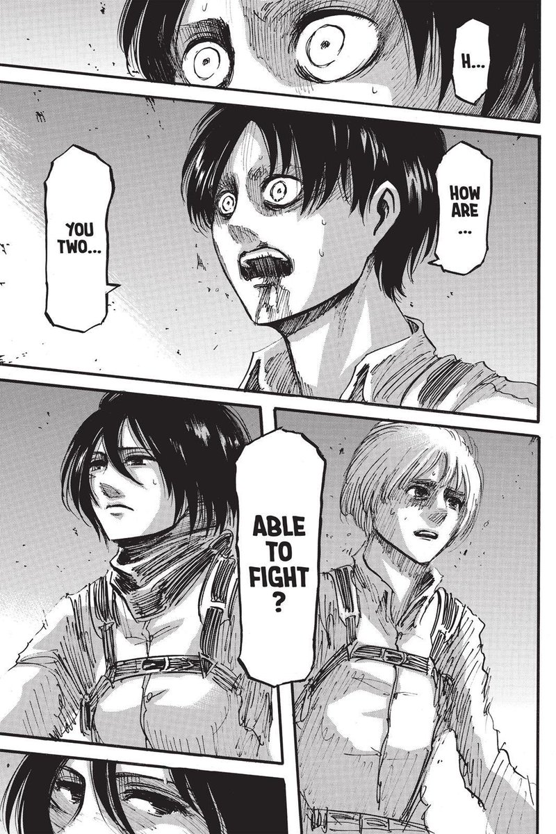 when eren cannot transform and fight annie because of his confliction, mikasa’s words about the world being cruel helps him become determined/focused on what needs to be done, and he is able to transform. this is not the only instance where she strengthens his resolve