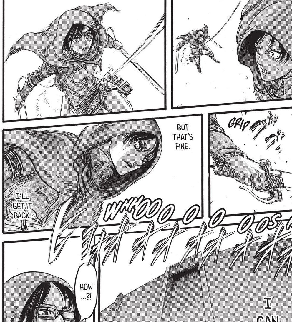 as eren is about to finally reseal the wall in shiganshina, we see him think about his home, how he was forced to leave behind the life he had with his parents and mikasa. he looks back at mikasa directly after and he tightens his grip on the blade, determined to get it back