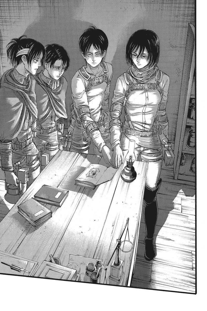 just as they are about to enter the basement to uncover one of snk’s biggest mysteries at that point, mikasa provides eren with emotional support. his hand shakes as he prepares to open the book, but she places her hand over his and they both unveil the mystery together