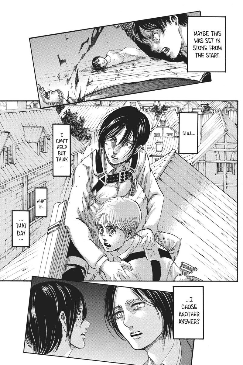 as eren starts the rumbling, we see mikasa reflect on the day that was pivotal in terms of eren and the path he chose. eren directly asks mikasa about the nature of their relationship, and as eren’s titan manifests, she wonders if her answer could’ve changed something. this +