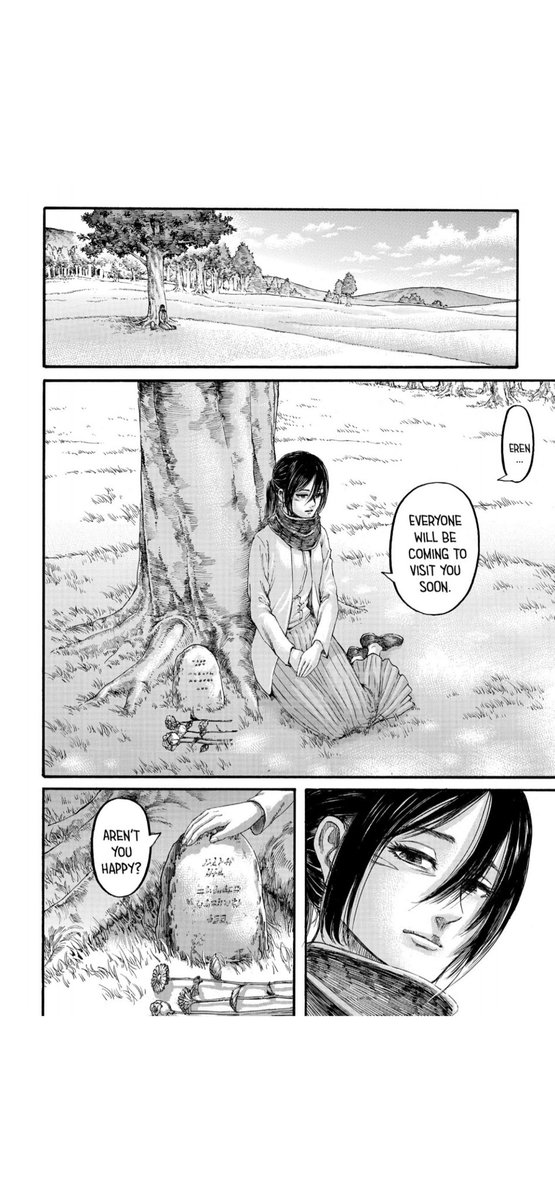 the story ends just as it began, with mikasa and eren beneath the tree. it’s a moment that is deeply heart wrenching, and we are left with the scenery of mikasa’s tearful smile as she thanks eren once more, which directly alludes to the promise he made in ch50