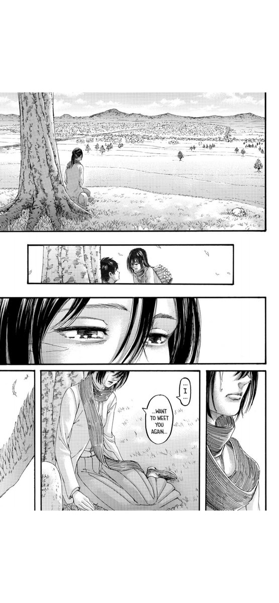 the story ends just as it began, with mikasa and eren beneath the tree. it’s a moment that is deeply heart wrenching, and we are left with the scenery of mikasa’s tearful smile as she thanks eren once more, which directly alludes to the promise he made in ch50