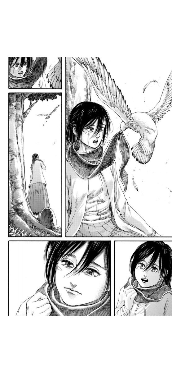 the story ends just as it began, with mikasa and eren beneath the tree. it’s a moment that is deeply heart wrenching, and we are left with the scenery of mikasa’s tearful smile as she thanks eren once more, which directly alludes to the promise he made in ch50